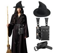 HiiFeuer Set d'alchimie médiéval en faux cuir, Chapeau pointu de sorcière pour femme, Ceinture de sorcier fantastique avec pochette de taille pour fioles de potions (Noir B)