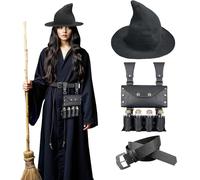 HiiFeuer Set d'alchimie médiéval en faux cuir, Chapeau pointu de sorcière pour femme, Ceinture de sorcier fantastique avec pochette de taille pour fioles de potions (Noir A)
