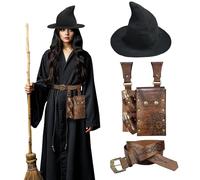 HiiFeuer Set d'alchimie médiéval en Faux Cuir, Chapeau Pointu de sorcière pour Femme, Ceinture de Sorcier Fantastique avec Pochette de Taille pour fioles de Potions (Marron B)