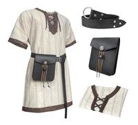 HiiFeuer Tunique Ample à Rayures médiévales, avec Ceinture et Sac Vintage, Chemise à Lacets Chevalier de la Renaissance, Costume de Pirate Viking (Blanc L)