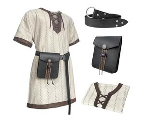 HiiFeuer Tunique Ample à Rayures médiévales, avec Ceinture et Sac Vintage, Chemise à Lacets Chevalier de la Renaissance, Costume de Pirate Viking (Blanc XL)