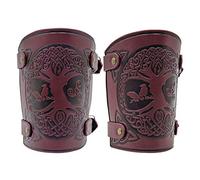HiiFeuer Viking Yggdrasil World Tree Embossed PU Leather Arm Bracers, Medieval Buckle Arm Guards for LARP Halloween (Burgundy wine)