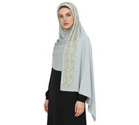 Hijab à Enfiler en Soie Légère pour Femme Musulmane Voilée Hijab Foulard avec Strass Décorative Foulard de Tête Islamique en Mousseline Châle Turban Ensemble de Prière pour Ramadan Hajj Mosquée, Gris