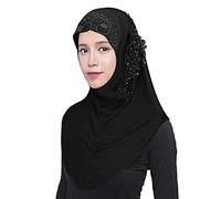 Hijab Foulard à Enfiler Croisé pour Femmes Voile Islamique Long avec des Fleurs en Dentelle Turban Châle Islamique Confortable 60 x 60 cm