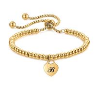 HIJONES Femmes Acier Inoxydable Bracelet Breloque Cœur 26 Initiales Alphabet Perle 4MM Réglable pour Femme Or B