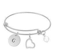 HIJONES Femmes Acier Inoxydable Bracelet Perle 26 Initiales Cœur Réglable Empilable Jonc Argent G