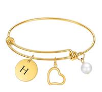 HIJONES Femmes Acier Inoxydable Bracelet Perle 26 Initiales Cœur Réglable Empilable Jonc Or H