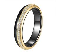HIJONES Femmes Acier Inoxydable Elegant Micro Pave Zircone Noir Blanc Ceramique 4MM Bague Couple Mariage Engagement Doigt Bijou Or Noir Taille 62