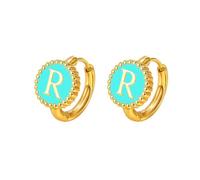 HIJONES Femmes Acier Inoxydable Mince Initial Lettre Boucle D'oreille Rond Monnaie Alphabet Nom Boucle D'oreille Vert R
