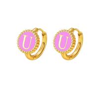 HIJONES Femmes Acier Inoxydable Mince Initial Lettre Boucle D'oreille Rond Monnaie Alphabet Nom Boucle D'oreille Rose U