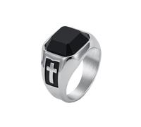 HIJONES Homme Acier Inoxydable Punk Onyx Noir Pierre Précieuse Croix Religieuse Bague de Fiançailles Argent Taille 57