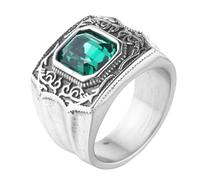 HIJONES Hommes Acier Inoxydable Branche de Pierre Précieuse Vintage Chunky Gravé Bague de Mariage En Verre Ctystal Bijoux Pierre Vert Argent Taille 57