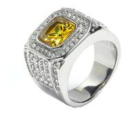 HIJONES Hommes Acier Inoxydable Carré Verre Cristal Pierre Précieuse Brillant Bague de Mariage Micro Pavé CZ Hip Hop Titane Biker Band Pierre Jaune Argent Taille 60