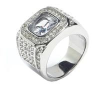 HIJONES Hommes Acier Inoxydable Carré Verre Cristal Pierre Précieuse Brillant Bague de Mariage Micro Pavé CZ Hip Hop Titane Biker Band Pierre Blanche Argentée Taille 54