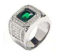 HIJONES Hommes Acier Inoxydable Carré Verre Cristal Pierre Précieuse Brillant Bague de Mariage Micro Pavé CZ Hip Hop Titane Biker Band Pierre Vert Argent Taille 65