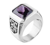 HIJONES Hommes Acier Inoxydable Grand Carré Onyx Pierres Précieuses Chevalière Signe Gravé Party Tumb Band Pierre Violette Argent Taille 65