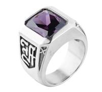 HIJONES Hommes Acier Inoxydable Grand Carré Onyx Pierres Précieuses Chevalière Signe Gravé Party Tumb Band Pierre Violette Argent Taille 60