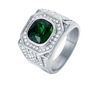 HIJONES Hommes Acier Inoxydable Grande Agate Carrée Oeil de Tigre Pierres Précieuses Couple Bague de Mariage Solide Plaqué Promesse Doigt Bande Pierre Vert Argent Taille 60