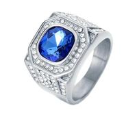 HIJONES Hommes Acier Inoxydable Grande Agate Carrée Oeil de Tigre Pierres Précieuses Couple Bague de Mariage Solide Plaqué Promesse Doigt Bande Pierre Bleue Argentée Taille 60