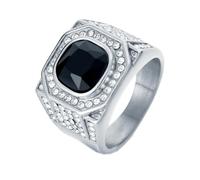 HIJONES Hommes Acier Inoxydable Grande Agate Carrée Oeil de Tigre Pierres Précieuses Couple Bague de Mariage Solide Plaqué Promesse Doigt Bande Pierre Noire Argentée Taille 70