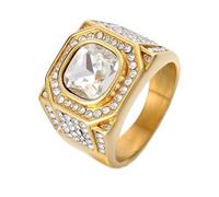 HIJONES Hommes Acier Inoxydable Grande Agate Carrée Oeil de Tigre Pierres Précieuses Couple Bague de Mariage Solide Plaqué Promesse Doigt Bande Or Pierre Blanche Taille 60