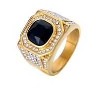 HIJONES Hommes Acier Inoxydable Grande Agate Carrée Oeil de Tigre Pierres Précieuses Couple Bague de Mariage Solide Plaqué Promesse Doigt Bande Or Pierre noire Taille 54