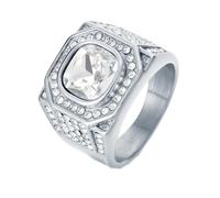 HIJONES Hommes Acier Inoxydable Grande Agate Carrée Oeil de Tigre Pierres Précieuses Couple Bague de Mariage Solide Plaqué Promesse Doigt Bande Pierre Blanche Argentée Taille 60