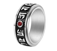 HIJONES Hommes Acier Inoxydable Zircon Rouge 6 six mots syllabiques vrais Mantres Anneaux Om Mani Padme Hum Bande Tournante Argent Taille 62
