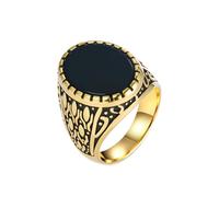 HIJONES Hommes Femmes Acier Inoxydable Anneau de Mariage en Agate Noire Gravé Tulipe À Bande Épaisse Or Taille 65