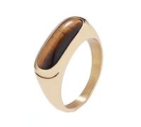 HIJONES Hommes Femmes Acier Inoxydable Anneau de Mariage en Pierre Précieuse Turquoise Œil de Tigre Simulée en Forme de Haricot Pierre dorée brun Taille 72