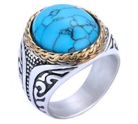 HIJONES Hommes Femmes Acier Inoxydable Anneau Gravé de Pierre Précieuse Œil de Tigre Turquoise Anneau de Promesse Pierre Bleue Or Taille 65