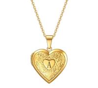HIJONES Hommes Femmes Acier Inoxydable Collier Médaillon Cœur Amour Ouvert Avec Photo Initiale Gravée Pendentif Cadeau D'Anniversaire Or A