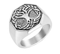 HIJONES Religieux Ancien Carré Monogramme Arbre de la Vie Sceau Bague pour Hommes en Acier Inoxydable avec Ronde Argent Taille 62