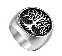 HIJONES Religieux Ancien Classique Arbre de la Vie Sceau Bague pour Hommes en Acier Inoxydable avec Ronde Argent Taille 57