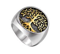 HIJONES Religieux Ancien Classique Arbre de la Vie Sceau Bague pour Hommes en Acier Inoxydable avec Ronde Argent Or Taille 57