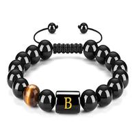 HIJONES Unisex Bracelets Initiales Perlés Chaîne Lettre Onyx Noir Œil de Tigre Pierre Cordon Tressé Significatif Noir B