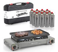 Hikemeister® Réchaud à gaz 2 flammes de camping avec plaque de cuisson et 12 cartouches de gaz - Réchaud de camping portable 2 flammes 2 x 2200 W Kit d'extérieur avec mallette - Gris