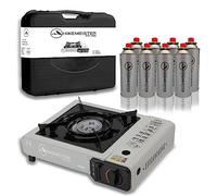HikeMeister® Réchaud de camping, réchaud à gaz pour l'extérieur, bouteille de gaz, mallette de transport (gris + 8 cartouches de gaz)