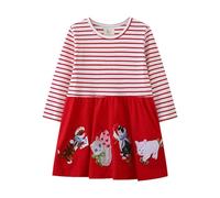 HIKIDS Fille Robe Chat Rayures Rouge Hiver Automne Retro Bohême Plage Manches Longues Casual Coton Plissée Chemise Robes pour Enfant 5 Ans