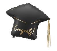 HIKIhooray Ballon gonflable élégant « Congrats! » en noir et doré - 53 x 44 cm - Décoration pour remise de diplôme, études et promotion - Avec paille pour gonflage à l'air - Accessoires de fête