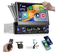 Hikity 1 Din Autoradio avec 7” IPS Manuel Rétractable Touchscreen Wireless Carplay Andriod Auto FM AM Radio avec USB Type-C AUX in MIC EQ SWC Bluetooth Autoradio Caméra de Recul Mirror Link