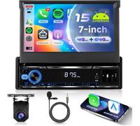 Hikity 7"" 1 Din Autoradio, 4G+64G Android 15, écran tactile manuellement rabattable HD, CarPlay sans fil, GPS, Wi-Fi,FM RDS, caméra
