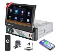 Hikity 7 Pouces Écran Tactile Retractable 1 Din Autoradio Carplay Android Auto sans Fil, Lecteur Poste Radio Voiture Bluetooth Mains Libres avec FM AM Type-C AUX USB SWC Caméra de Recul