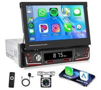 Hikity AM FM Autoradio 1 Din Wireless Carplay Écran Retractable Tactile 7 Pouce, Bluetooth Poste Radio Voiture avec Caméra de Recul, Port USB/SD/AUX-in, Soutien Wireless Android Auto, SWC, EQ