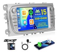 Hikity Autoradio Android 2 Din pour Ford Focus II/Mondeo/S-Max/C-Max/Galaxy/Kuga - 7""[2+64G] -CarPlay Sans Fil GPS,WiFi,SWC,caméra