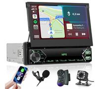 Hikity Carplay Autoradio 1 Din Écran Retractable 7 Pouces Poste Radio 1 Din avec Android Auto EQ Type-C USB AUX Bluetooth Mains Libres FM Mirror Link SWC Caméra de Recul