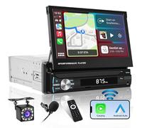 Hikity FM AM 1 Din Autoradio Wireless Carplay, Ecran Tactile Rétracté 7 Pouces Poste Radio Voiture Mains Libres Bluetooth, Android Auto, Commande au Volant, Port USB/SD/AUX-in, Caméra de Recul