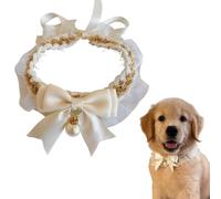 Hikiwin Collier élégant en dentelle pour chat avec nœud papillon et perle, collier en dentelle pour animal domestique avec nœud mignon, costumes de princesse pour chat, doré, 1 pièce