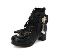 HIKKWXVN Bottes à Talons mi-Hauts pour Femmes Kawaii Lolita Uniform Bottines, Bottines de Cosplay à Talons Hauts épais pour Automne et Hiver, Chaussures de soirée Tendance,Noir,35 EU