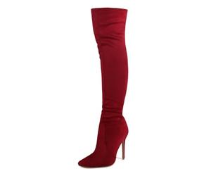 HIKKWXVN Bottes au-Dessus du Genou en Daim Extensible à Talons Aiguilles de 4,3 Pouces pour Femmes, Bottes Hautes Cuissardes, Chaussures Hautes Mode Automne Hiver,Rouge,43 EU
